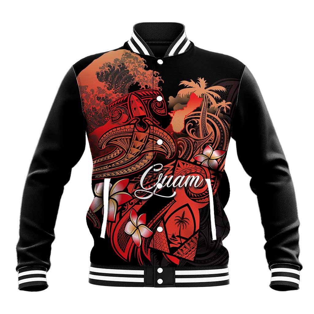 Guam Tribal Chamorro Baseball Jacket Polynesian Shark with Plumeria and Sea Vibe - Polynesian Pride