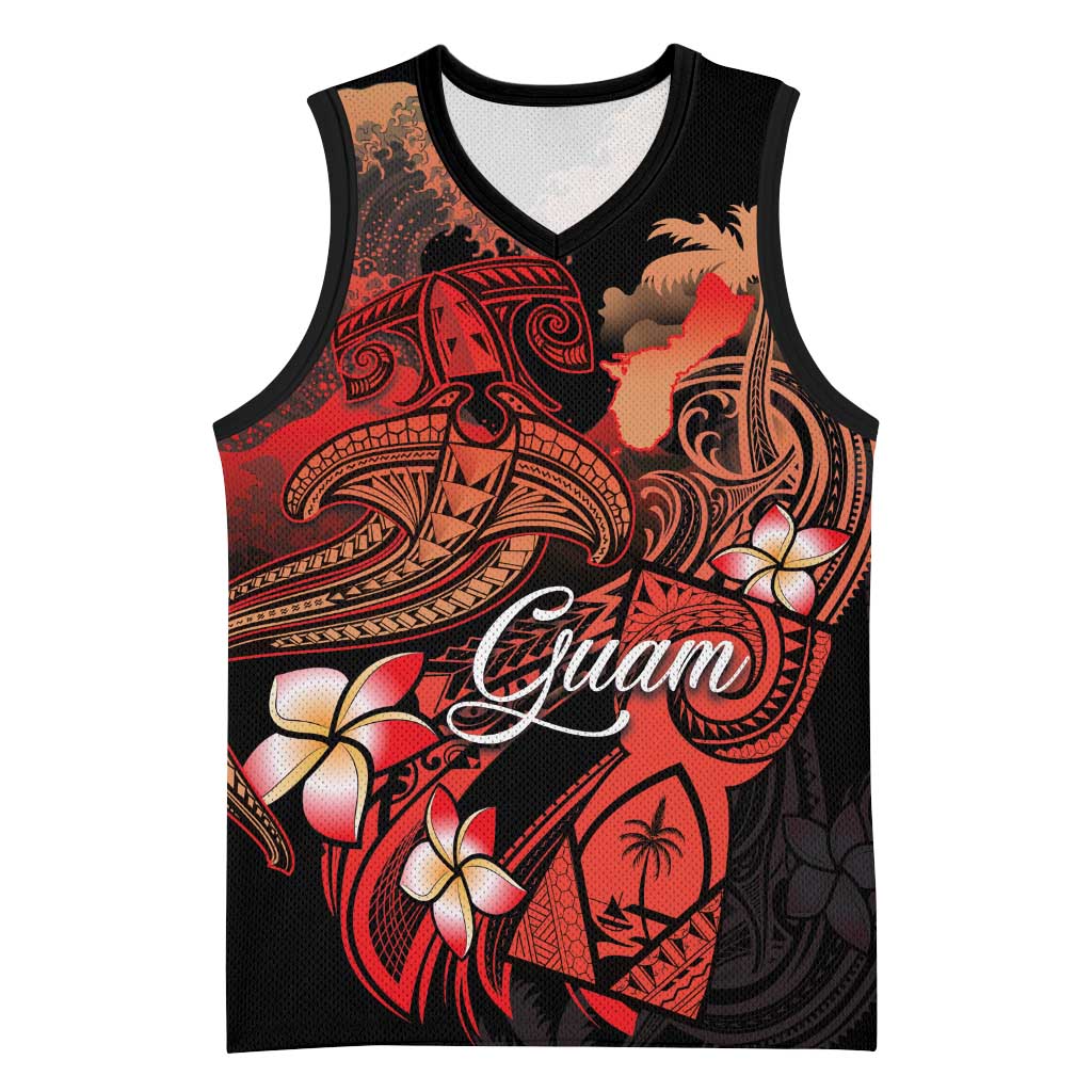 Guam Tribal Chamorro Basketball Jersey Polynesian Shark with Plumeria and Sea Vibe - Polynesian Pride
