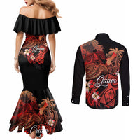 Guam Tribal Chamorro Couples Matching Mermaid Dress and Long Sleeve Button Shirt Polynesian Shark with Plumeria and Sea Vibe - Polynesian Pride