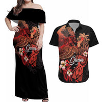 Guam Tribal Chamorro Couples Matching Off Shoulder Maxi Dress and Hawaiian Shirt Polynesian Shark with Plumeria and Sea Vibe - Polynesian Pride