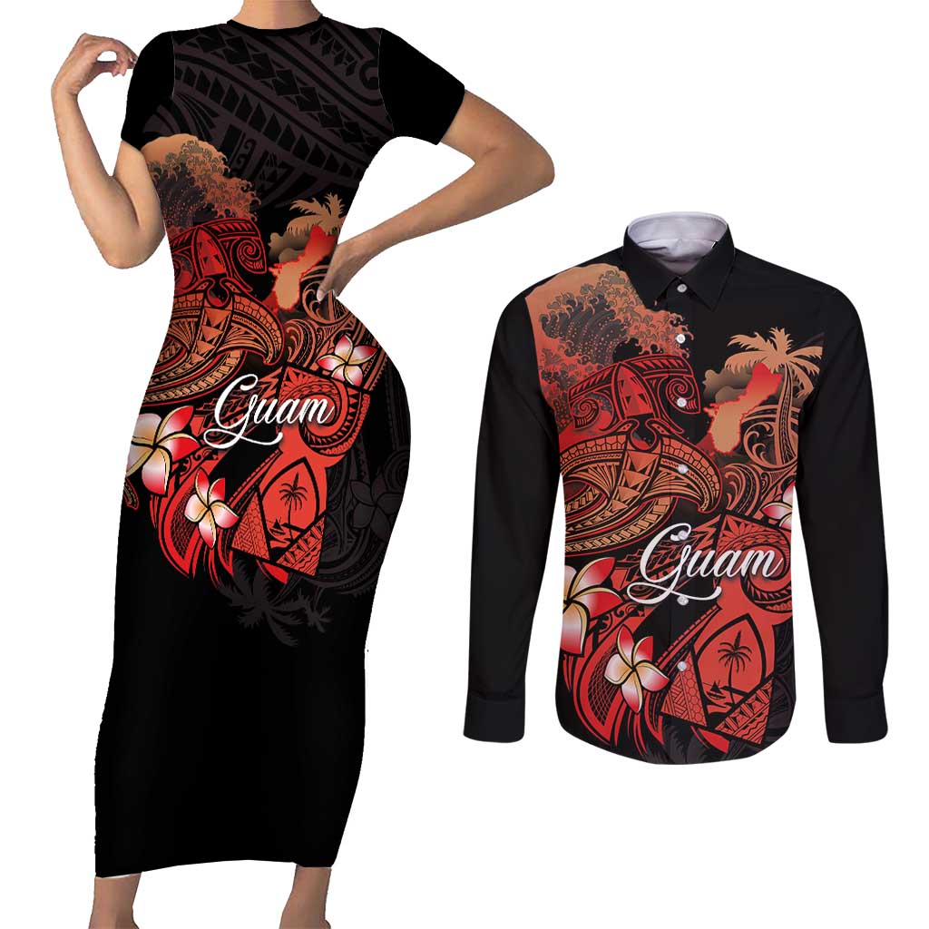 Guam Tribal Chamorro Couples Matching Short Sleeve Bodycon Dress and Long Sleeve Button Shirt Polynesian Shark with Plumeria and Sea Vibe - Polynesian Pride