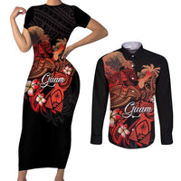 Guam Tribal Chamorro Couples Matching Short Sleeve Bodycon Dress and Long Sleeve Button Shirt Polynesian Shark with Plumeria and Sea Vibe - Polynesian Pride