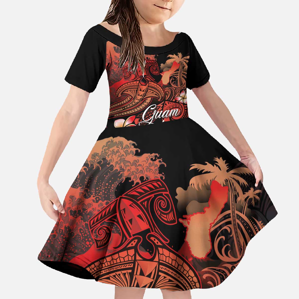 Guam Tribal Chamorro Family Matching Off The Shoulder Long Sleeve Dress and Hawaiian Shirt Polynesian Shark with Plumeria and Sea Vibe - Polynesian Pride