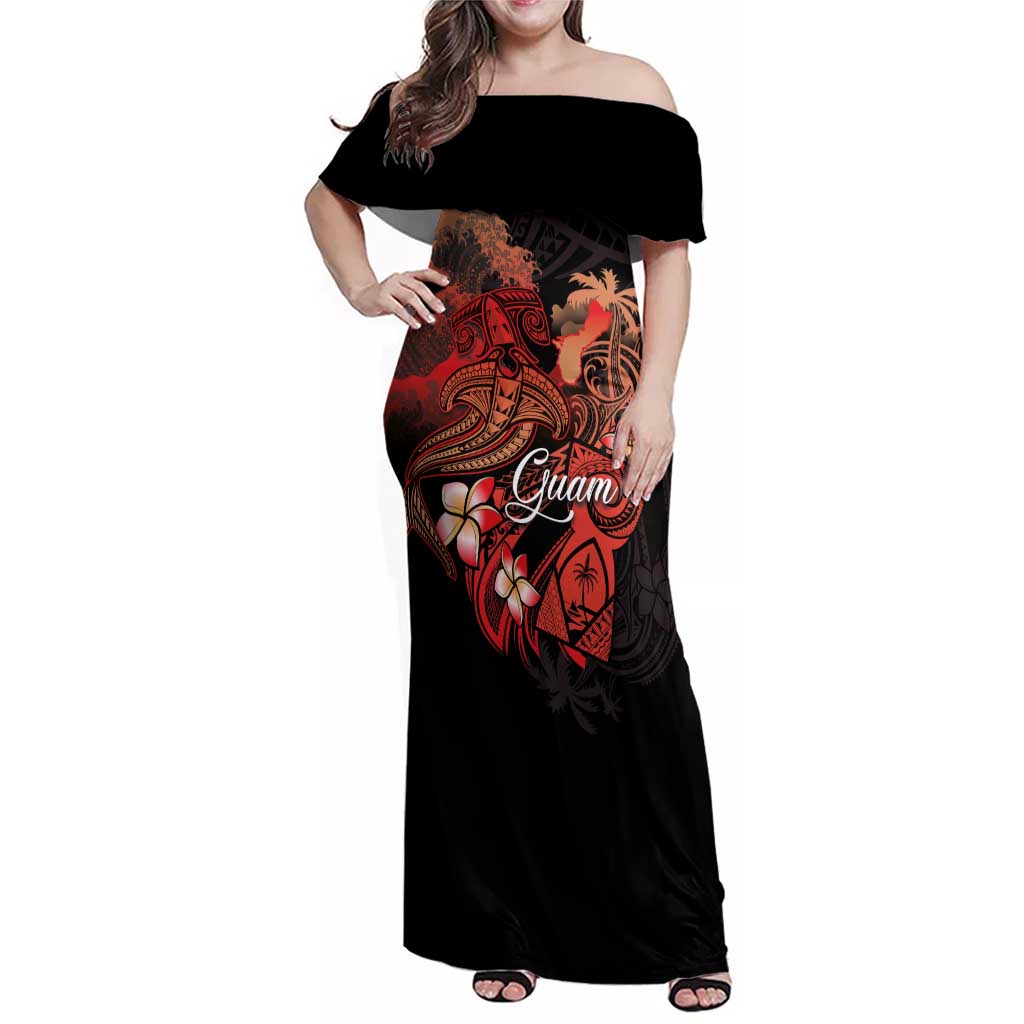Guam Tribal Chamorro Family Matching Off Shoulder Maxi Dress and Hawaiian Shirt Polynesian Shark with Plumeria and Sea Vibe - Polynesian Pride
