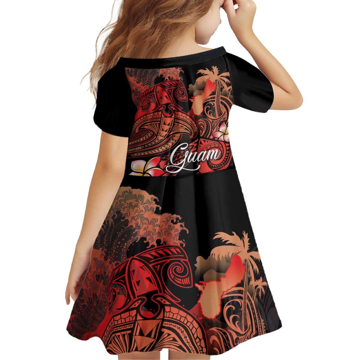Guam Tribal Chamorro Kid Short Sleeve Dress Polynesian Shark with Plumeria and Sea Vibe - Polynesian Pride