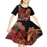 Guam Tribal Chamorro Kid Short Sleeve Dress Polynesian Shark with Plumeria and Sea Vibe - Polynesian Pride