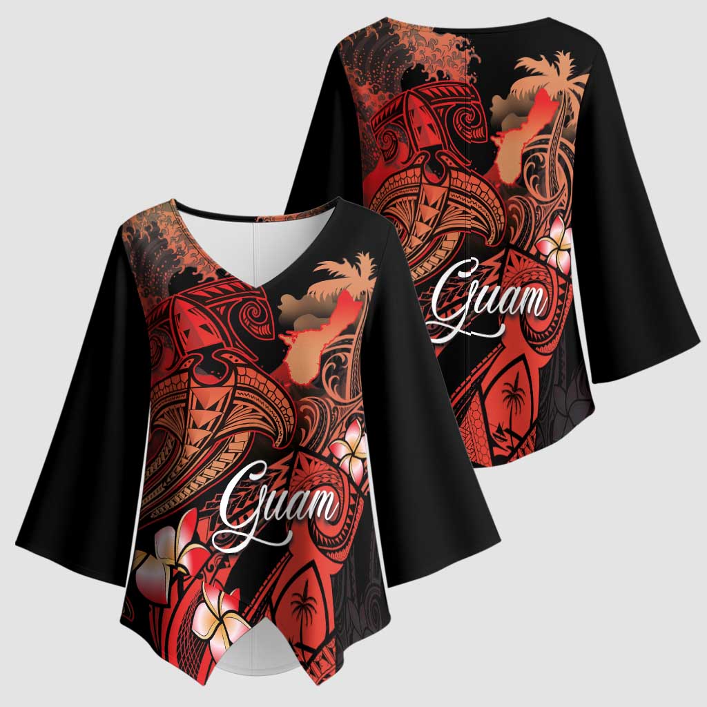 Guam Tribal Chamorro Kimono Sleeve Blouse Polynesian Shark with Plumeria and Sea Vibe - Polynesian Pride