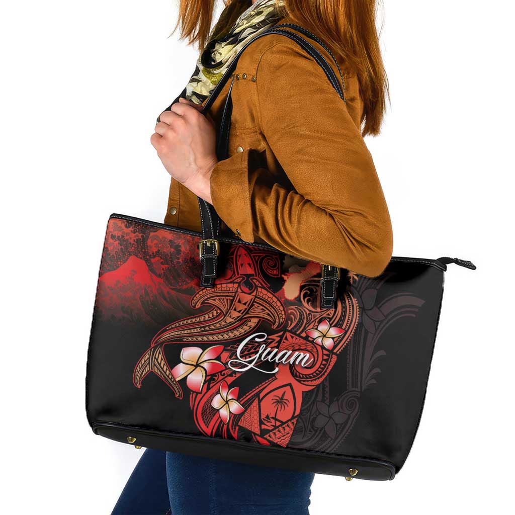 Guam Tribal Chamorro Leather Tote Bag Polynesian Shark with Plumeria and Sea Vibe - Polynesian Pride