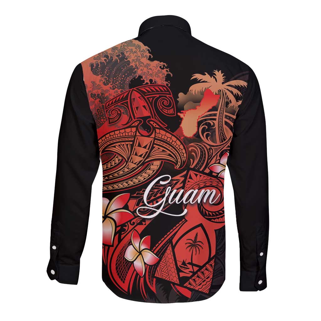Guam Tribal Chamorro Long Sleeve Button Shirt Polynesian Shark with Plumeria and Sea Vibe - Polynesian Pride