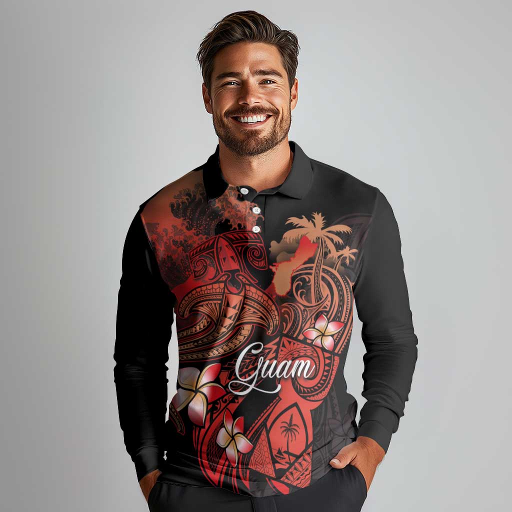 Guam Tribal Chamorro Long Sleeve Polo Shirt Polynesian Shark with Plumeria and Sea Vibe - Polynesian Pride