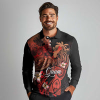 Guam Tribal Chamorro Long Sleeve Polo Shirt Polynesian Shark with Plumeria and Sea Vibe - Polynesian Pride