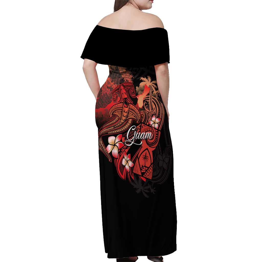 Guam Tribal Chamorro Off Shoulder Maxi Dress Polynesian Shark with Plumeria and Sea Vibe - Polynesian Pride