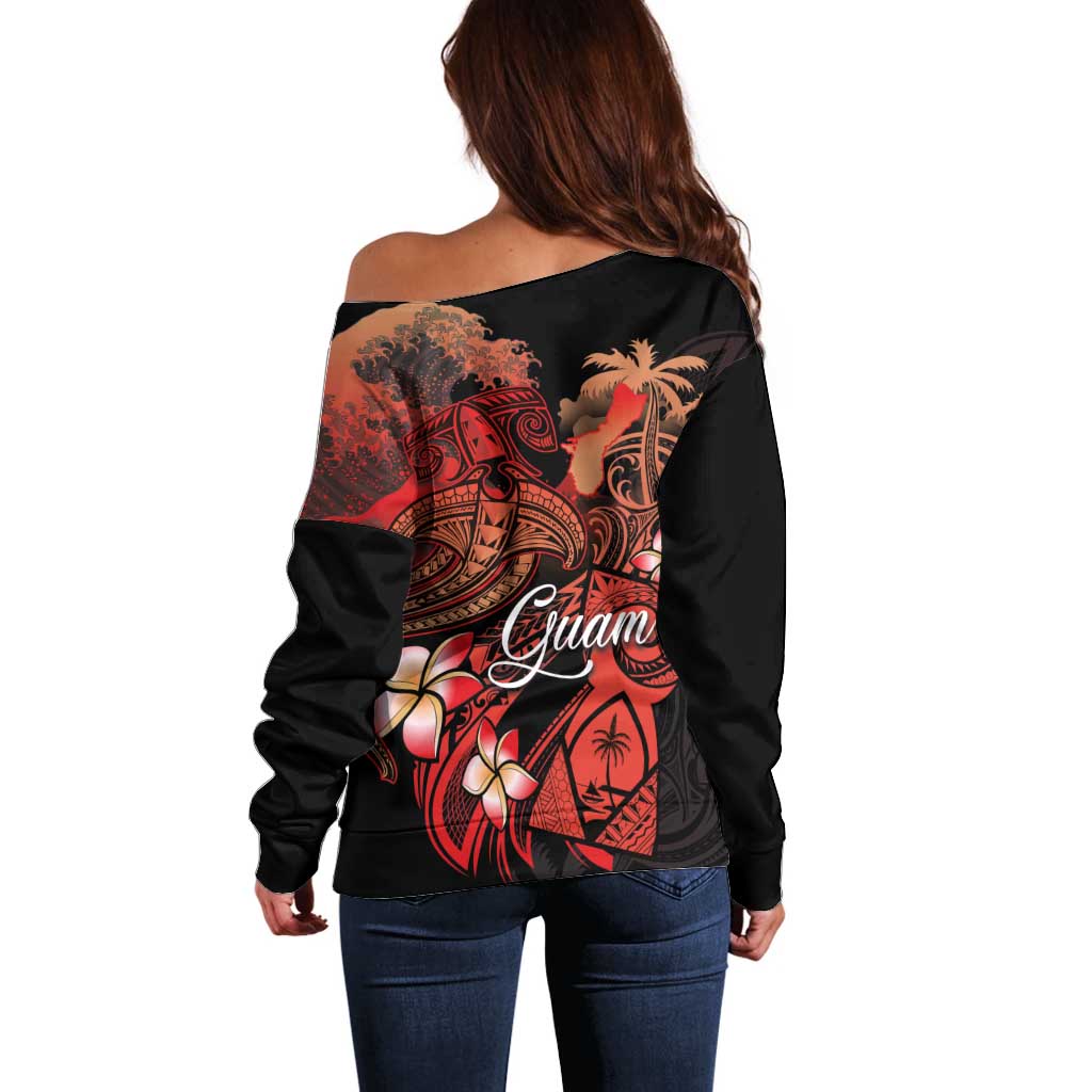Guam Tribal Chamorro Off Shoulder Sweater Polynesian Shark with Plumeria and Sea Vibe - Polynesian Pride