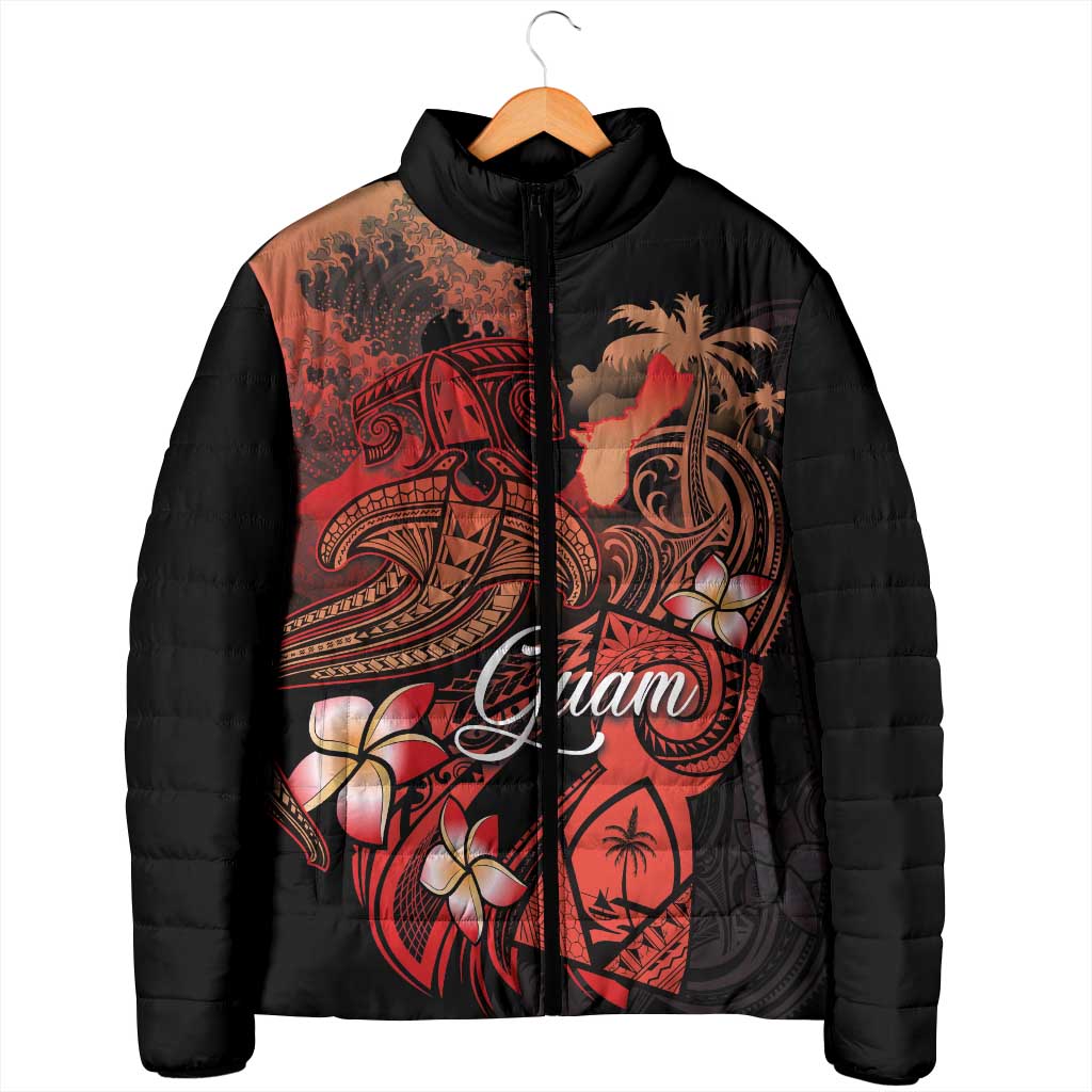 Guam Tribal Chamorro Padded Jacket Polynesian Shark with Plumeria and Sea Vibe - Polynesian Pride