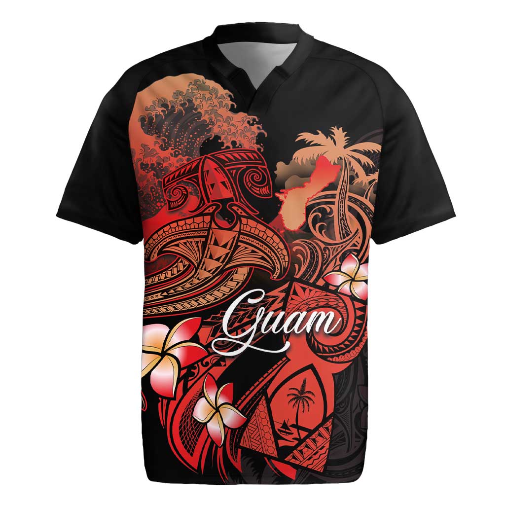 Guam Tribal Chamorro Rugby Jersey Polynesian Shark with Plumeria and Sea Vibe - Polynesian Pride