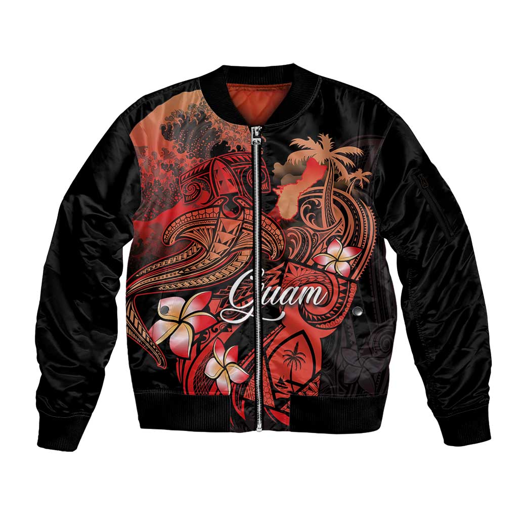 Guam Tribal Chamorro Sleeve Zip Bomber Jacket Polynesian Shark with Plumeria and Sea Vibe - Polynesian Pride