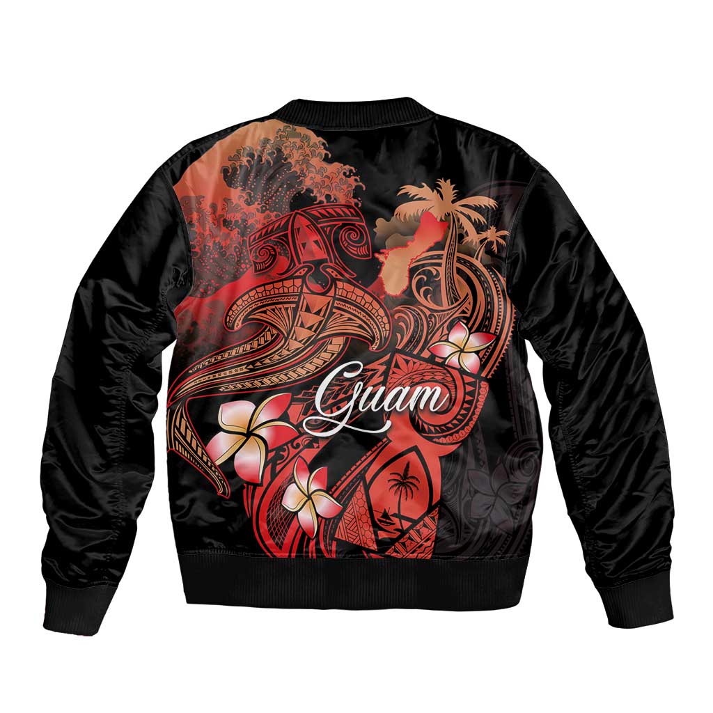 Guam Tribal Chamorro Sleeve Zip Bomber Jacket Polynesian Shark with Plumeria and Sea Vibe - Polynesian Pride