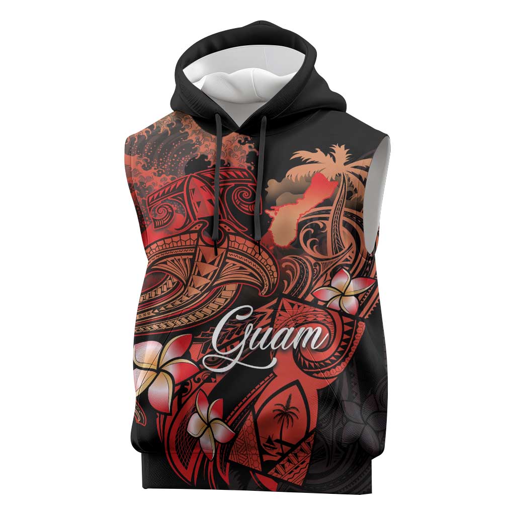 Guam Tribal Chamorro Sleeveless Hoodie Polynesian Shark with Plumeria and Sea Vibe - Polynesian Pride