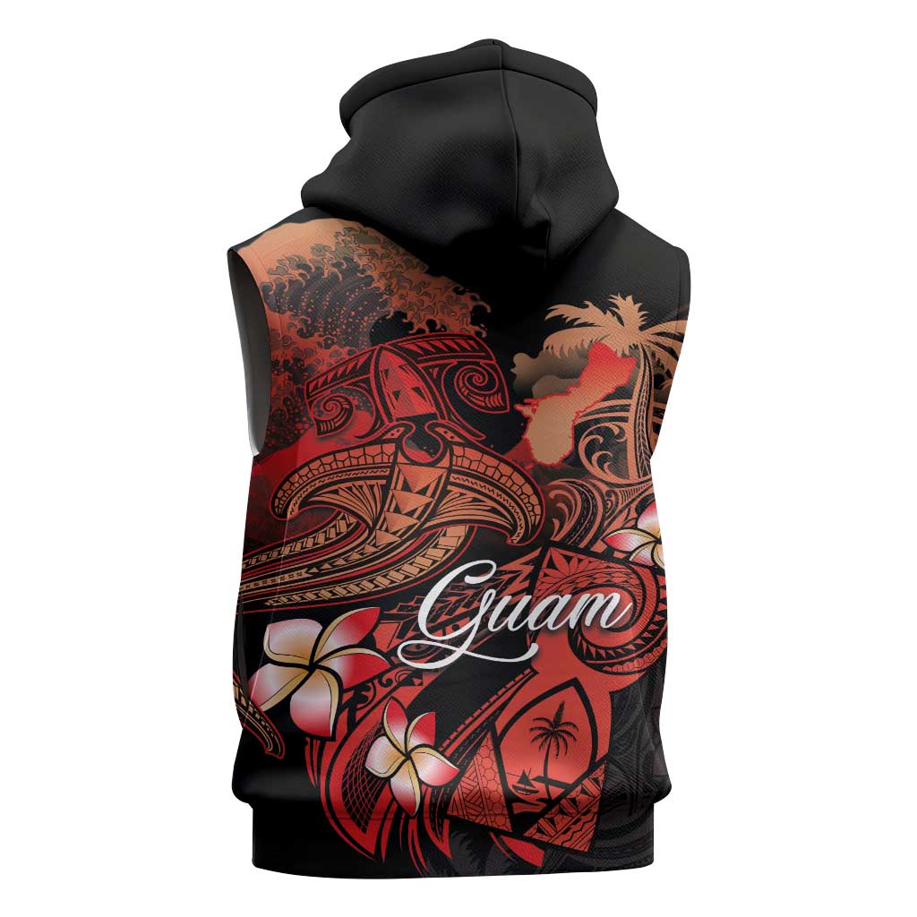 Guam Tribal Chamorro Sleeveless Zip Hoodie Polynesian Shark with Plumeria and Sea Vibe - Polynesian Pride