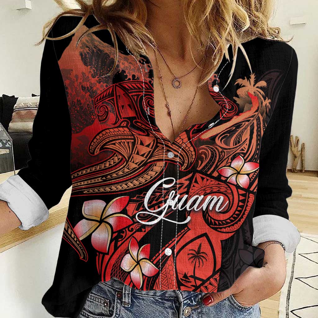 Guam Tribal Chamorro Women Casual Shirt Polynesian Shark with Plumeria and Sea Vibe - Polynesian Pride