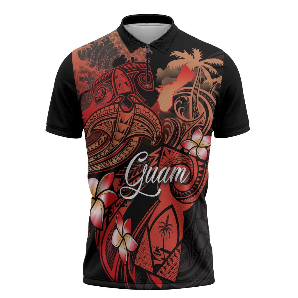 Guam Tribal Chamorro Zipper Polo Shirt Polynesian Shark with Plumeria and Sea Vibe - Polynesian Pride