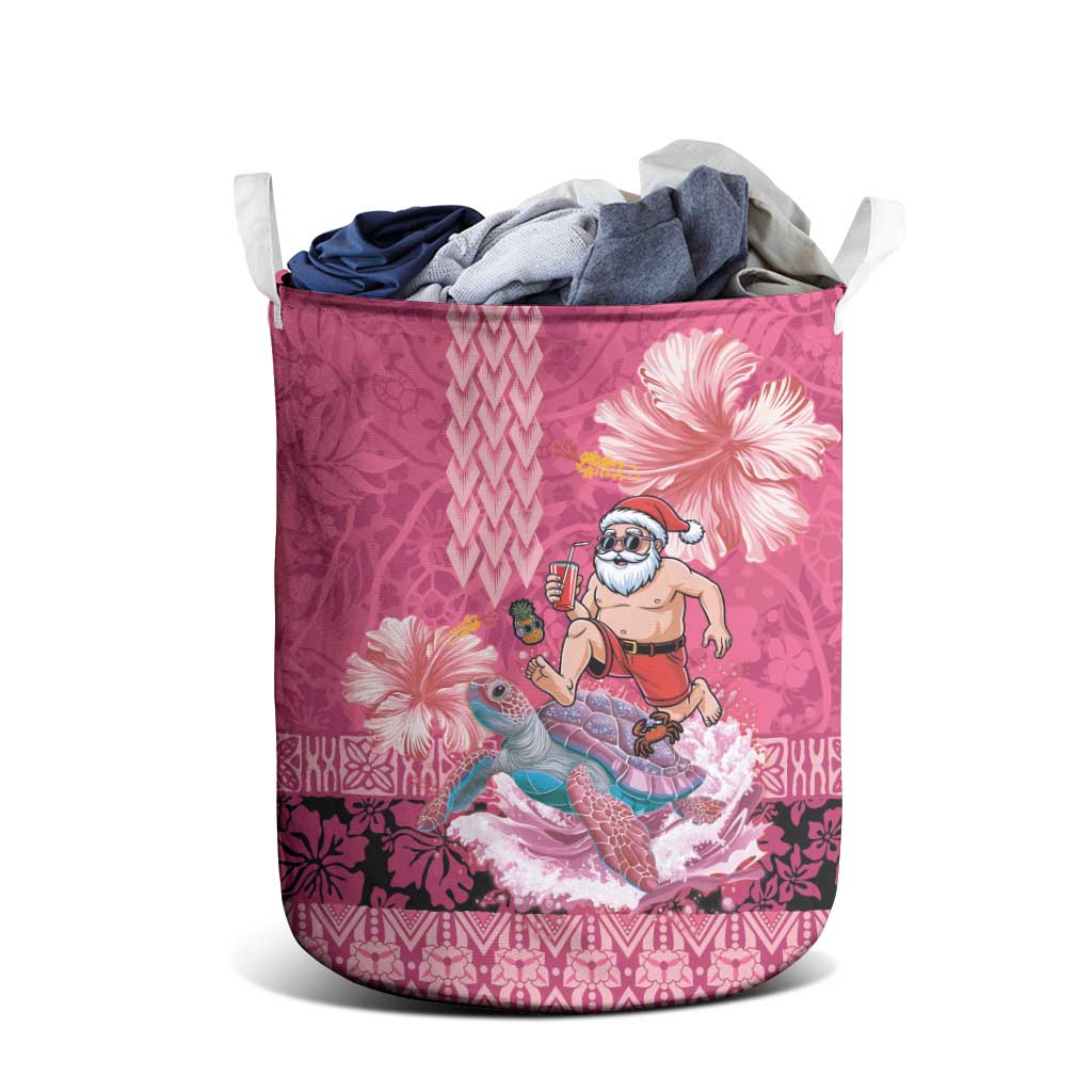 Hawaii Mele Kalikimaka Laundry Basket Funny Santa with Tribal Tattoos Kakau Pink Color - Polynesian Pride