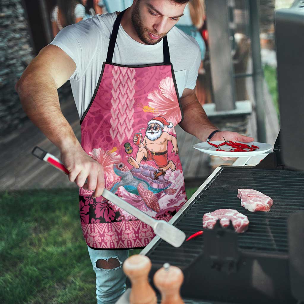 Hawaii Mele Kalikimaka Apron Funny Santa with Tribal Tattoos Kakau Pink Color - Polynesian Pride