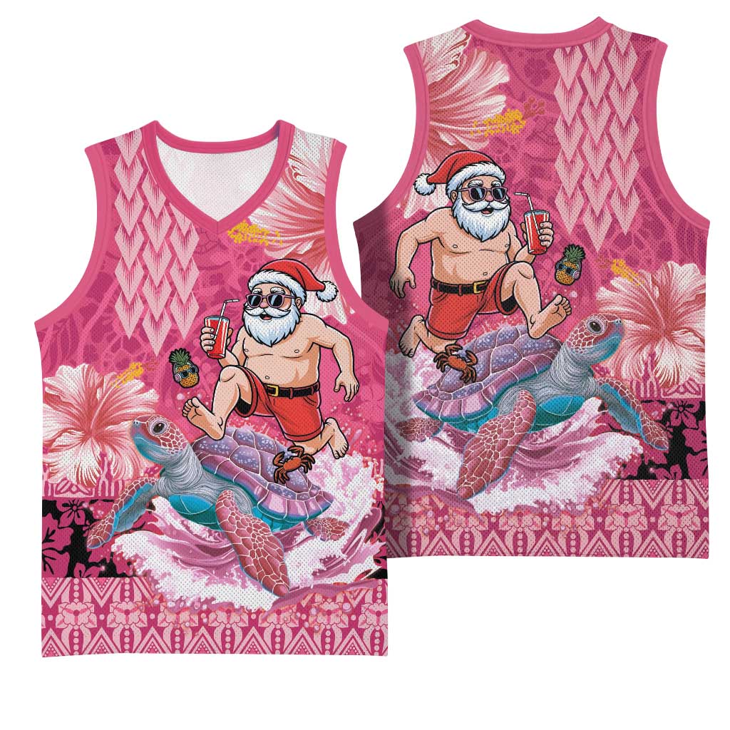 Hawaii Mele Kalikimaka Basketball Jersey Funny Santa with Tribal Tattoos Kakau Pink Color - Polynesian Pride