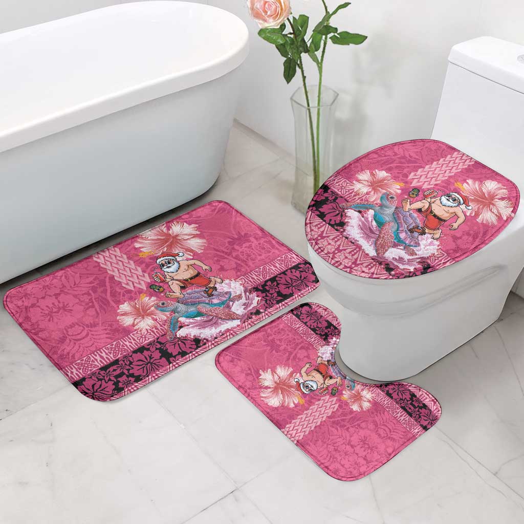 Hawaii Mele Kalikimaka Bathroom Set Funny Santa with Tribal Tattoos Kakau Pink Color - Polynesian Pride