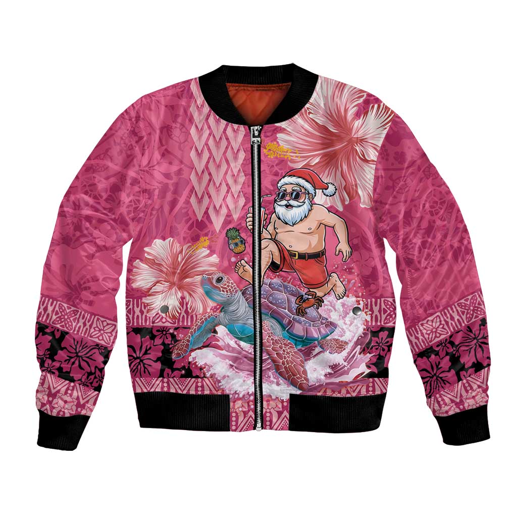 Hawaii Mele Kalikimaka Bomber Jacket Funny Santa with Tribal Tattoos Kakau Pink Color - Polynesian Pride