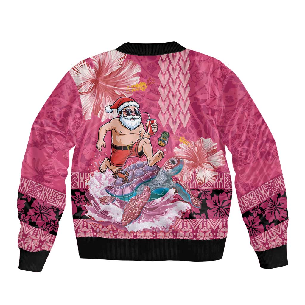 Hawaii Mele Kalikimaka Bomber Jacket Funny Santa with Tribal Tattoos Kakau Pink Color - Polynesian Pride