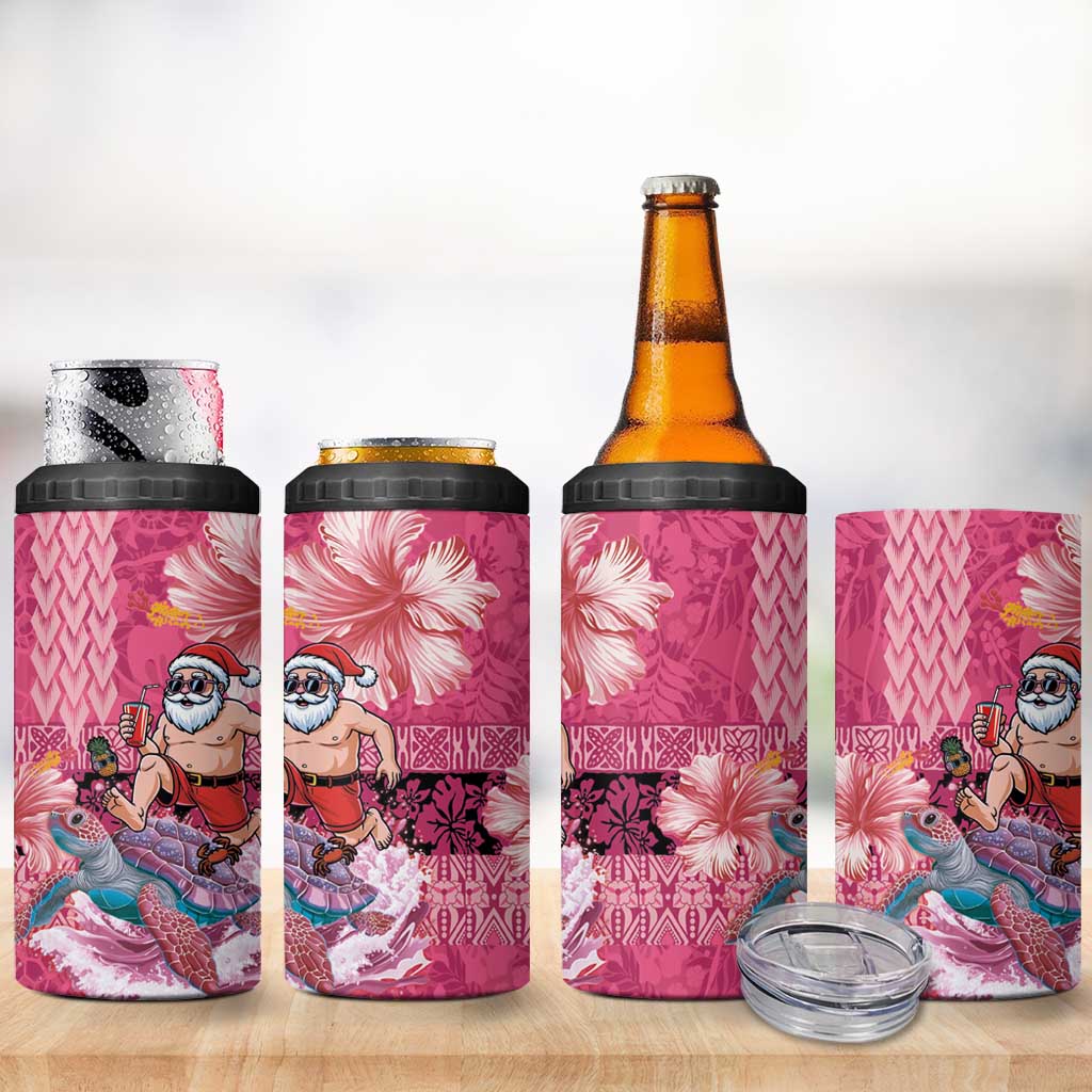 Hawaii Mele Kalikimaka 4 in 1 Can Cooler Tumbler Funny Santa with Tribal Tattoos Kakau Pink Color - Polynesian Pride