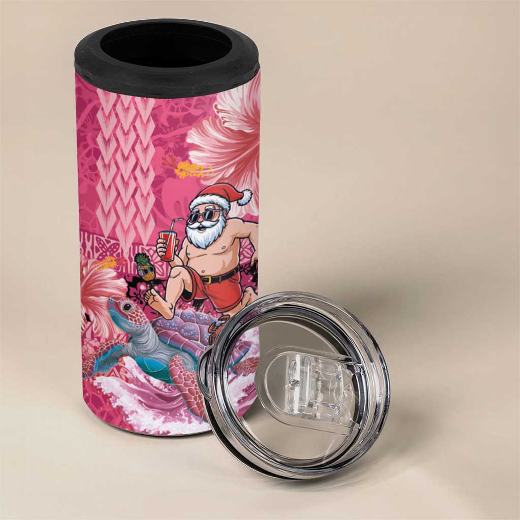 Hawaii Mele Kalikimaka 4 in 1 Can Cooler Tumbler Funny Santa with Tribal Tattoos Kakau Pink Color - Polynesian Pride