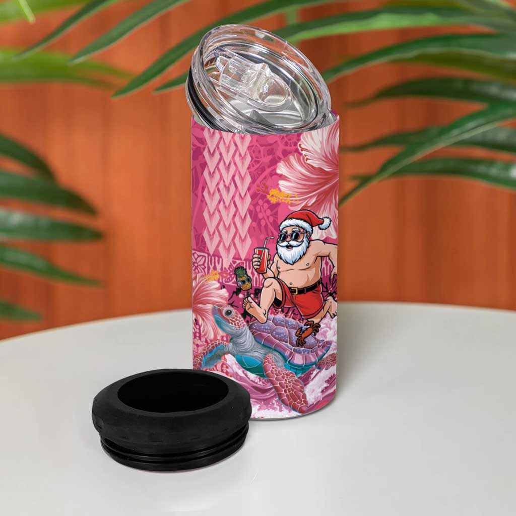 Hawaii Mele Kalikimaka 4 in 1 Can Cooler Tumbler Funny Santa with Tribal Tattoos Kakau Pink Color - Polynesian Pride