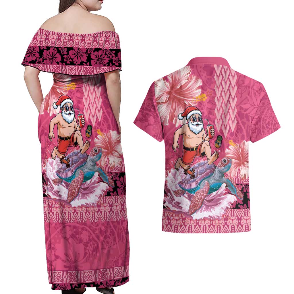 Hawaii Mele Kalikimaka Couples Matching Off Shoulder Maxi Dress and Hawaiian Shirt Funny Santa with Tribal Tattoos Kakau Pink Color - Polynesian Pride