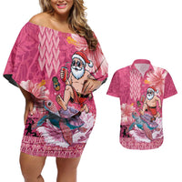 Hawaii Mele Kalikimaka Couples Matching Off Shoulder Short Dress and Hawaiian Shirt Funny Santa with Tribal Tattoos Kakau Pink Color - Polynesian Pride