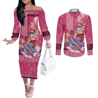 Hawaii Mele Kalikimaka Couples Matching Off The Shoulder Long Sleeve Dress and Long Sleeve Button Shirt Funny Santa with Tribal Tattoos Kakau Pink Color - Polynesian Pride