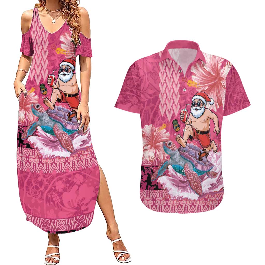Hawaii Mele Kalikimaka Couples Matching Summer Maxi Dress and Hawaiian Shirt Funny Santa with Tribal Tattoos Kakau Pink Color - Polynesian Pride