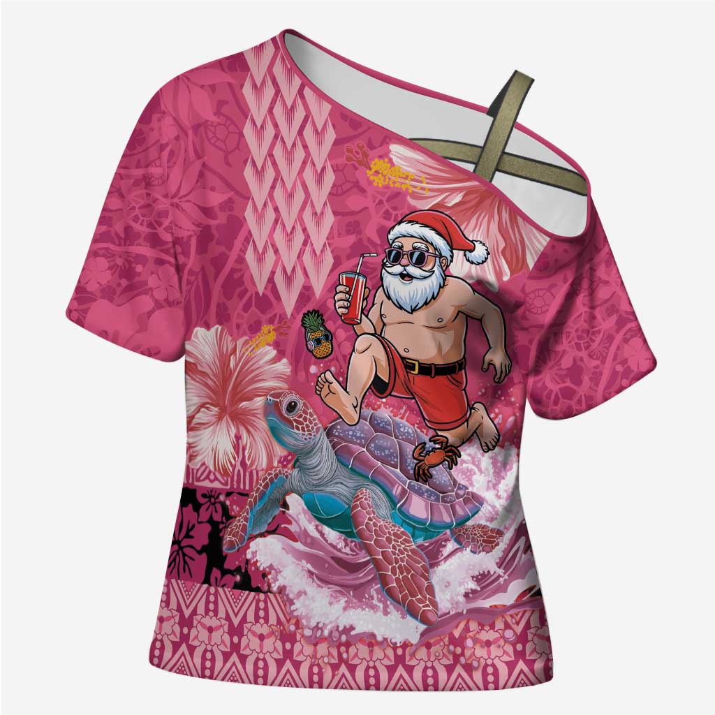 Hawaii Mele Kalikimaka Cross Shoulder Shirt Funny Santa with Tribal Tattoos Kakau Pink Color - Polynesian Pride