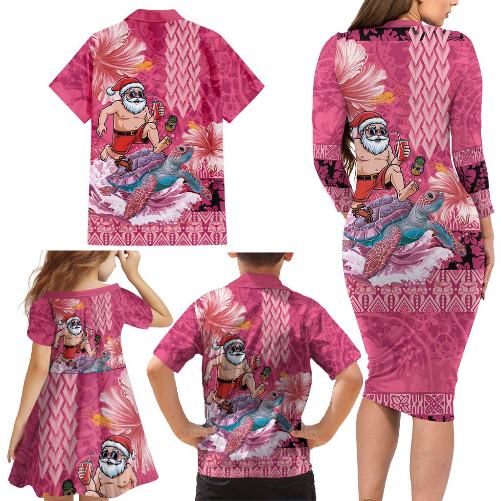 Hawaii Mele Kalikimaka Family Matching Long Sleeve Bodycon Dress and Hawaiian Shirt Funny Santa with Tribal Tattoos Kakau Pink Color LT03 - Polynesian Pride