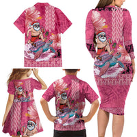 Hawaii Mele Kalikimaka Family Matching Long Sleeve Bodycon Dress and Hawaiian Shirt Funny Santa with Tribal Tattoos Kakau Pink Color LT03 - Polynesian Pride
