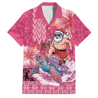 Hawaii Mele Kalikimaka Family Matching Long Sleeve Bodycon Dress and Hawaiian Shirt Funny Santa with Tribal Tattoos Kakau Pink Color LT03 Dad's Shirt - Short Sleeve Pink - Polynesian Pride