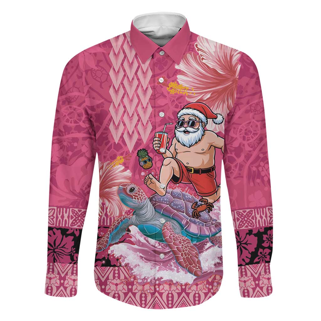 Hawaii Mele Kalikimaka Family Matching Long Sleeve Bodycon Dress and Hawaiian Shirt Funny Santa with Tribal Tattoos Kakau Pink Color LT03 Dad's Shirt - Long Sleeve Pink - Polynesian Pride