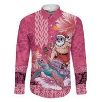 Hawaii Mele Kalikimaka Family Matching Long Sleeve Bodycon Dress and Hawaiian Shirt Funny Santa with Tribal Tattoos Kakau Pink Color LT03 Dad's Shirt - Long Sleeve Pink - Polynesian Pride