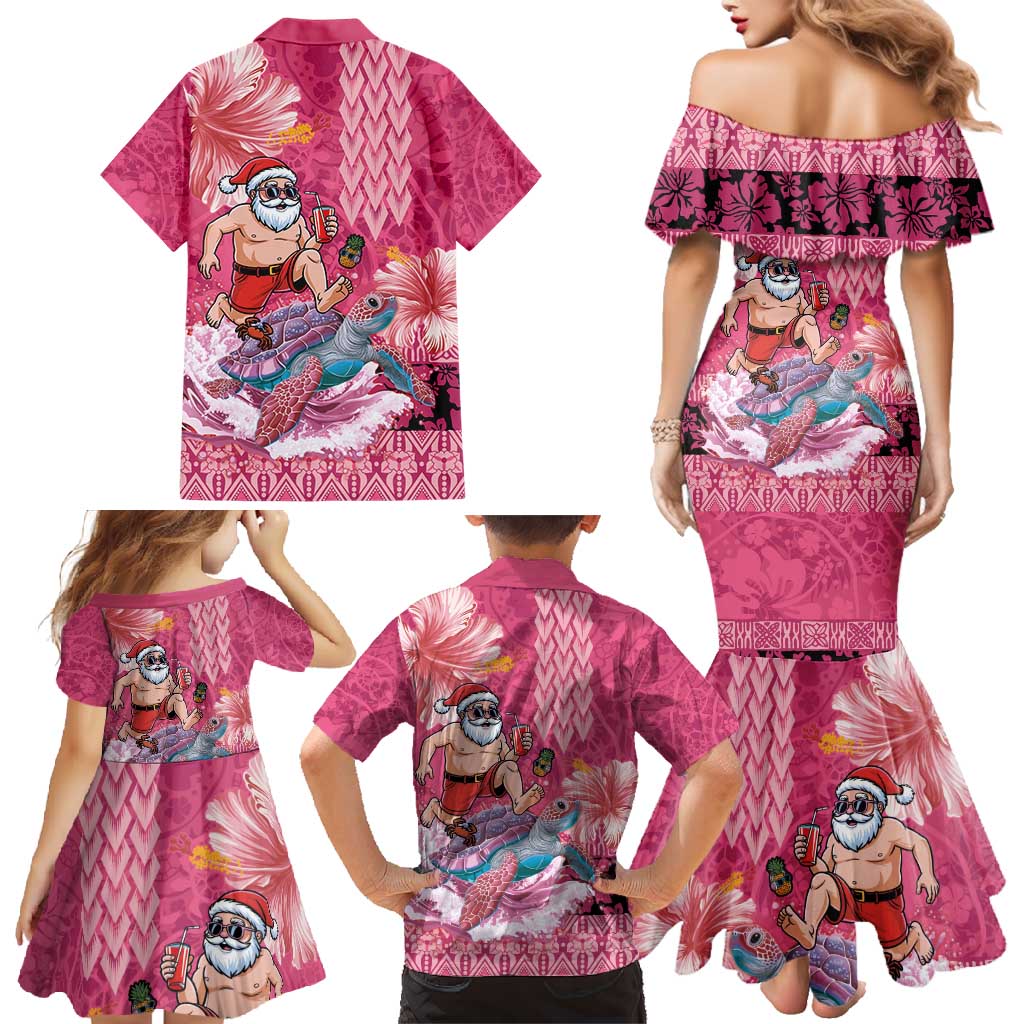 Hawaii Mele Kalikimaka Family Matching Mermaid Dress and Hawaiian Shirt Funny Santa with Tribal Tattoos Kakau Pink Color - Polynesian Pride