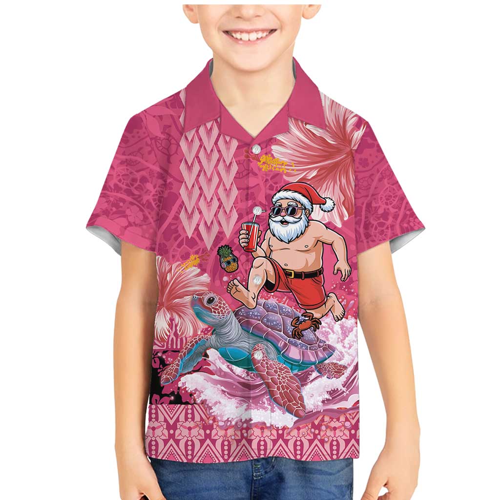 Hawaii Mele Kalikimaka Family Matching Mermaid Dress and Hawaiian Shirt Funny Santa with Tribal Tattoos Kakau Pink Color - Polynesian Pride