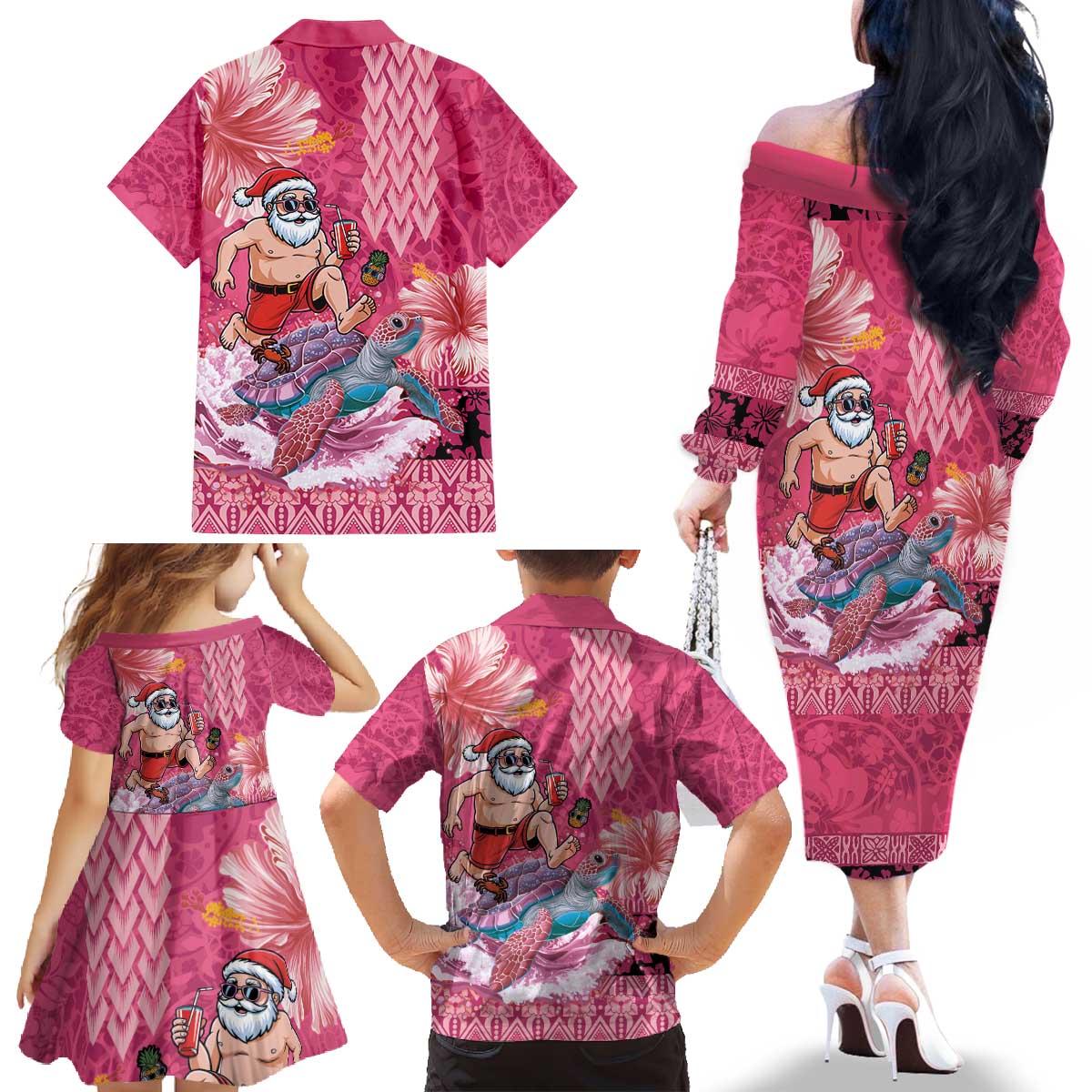 Hawaii Mele Kalikimaka Family Matching Off The Shoulder Long Sleeve Dress and Hawaiian Shirt Funny Santa with Tribal Tattoos Kakau Pink Color - Polynesian Pride