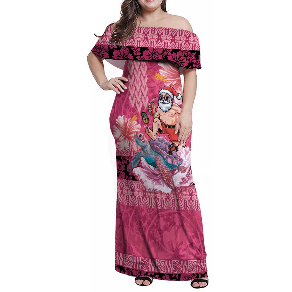 Hawaii Mele Kalikimaka Family Matching Off Shoulder Maxi Dress and Hawaiian Shirt Funny Santa with Tribal Tattoos Kakau Pink Color - Polynesian Pride