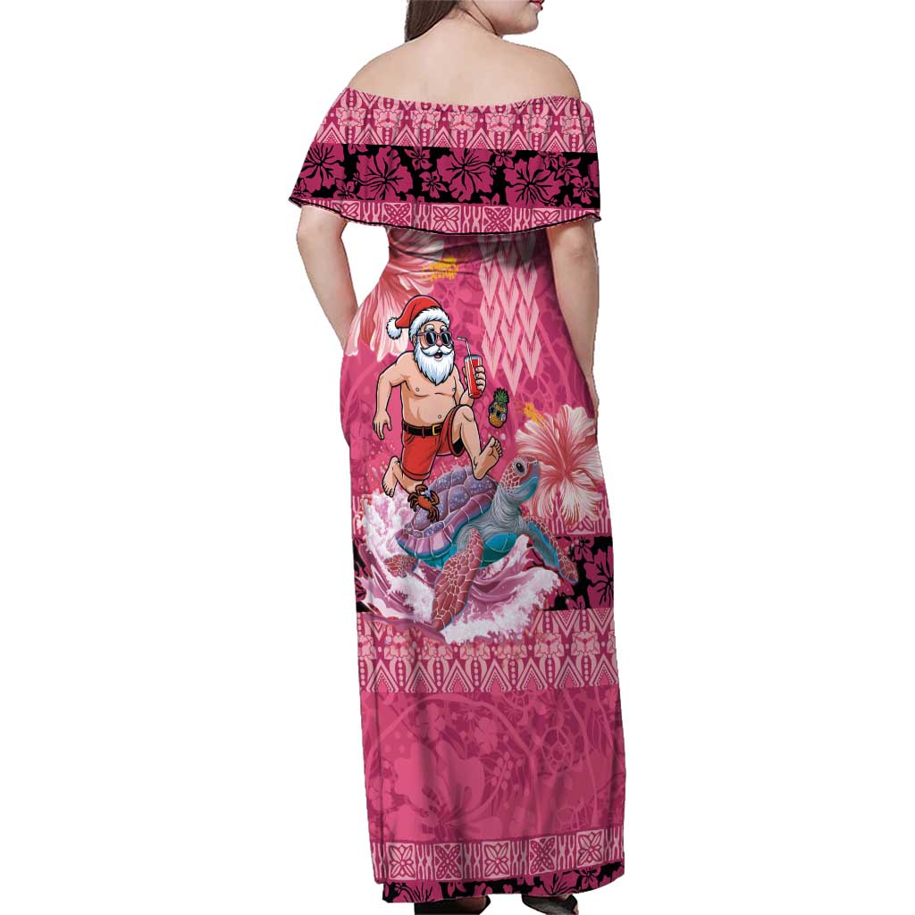 Hawaii Mele Kalikimaka Family Matching Off Shoulder Maxi Dress and Hawaiian Shirt Funny Santa with Tribal Tattoos Kakau Pink Color - Polynesian Pride