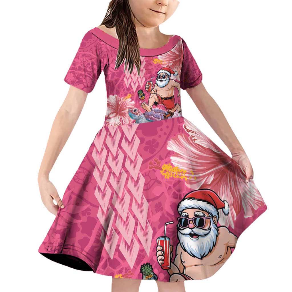 Hawaii Mele Kalikimaka Family Matching Off Shoulder Short Dress and Hawaiian Shirt Funny Santa with Tribal Tattoos Kakau Pink Color - Polynesian Pride